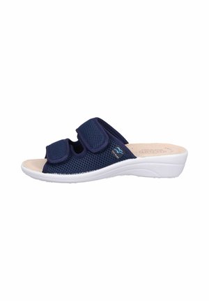 Navy blue open-toe sandal with two adjustable velcro straps and cushioned white sole.