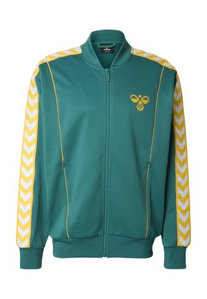 Sinine-roheline tõmblukuga spordijakk kollaste detailide ja valge siksakmustriga varrukaõmblustel. Varustatud soonikkoes mansettide ja rinnal logoga. Pehme materjal.