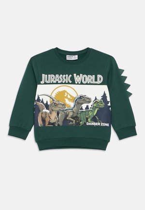 Žalias džemperis su dinozaurų grafika ir užrašu „Jurassic World“ bei „DANGER ZONE.“ Sukurtas su apvalia iškirpte ir megztomis rankovėmis.