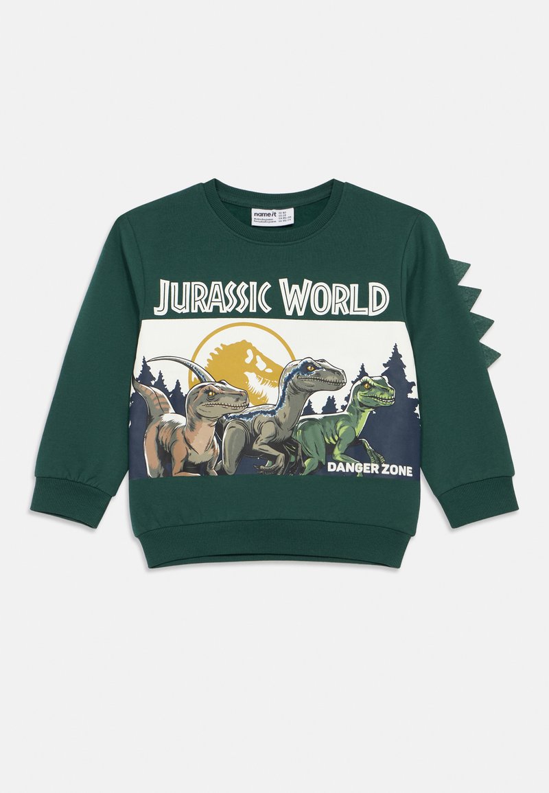 Πράσινο φούτερ με γραφικό σχέδιο δεινοσαύρων και κείμενο "Jurassic World" και "DANGER ZONE". Σχεδιασμένο με στρογγυλή λαιμόκοψη και ριγωτές μανσέτες.