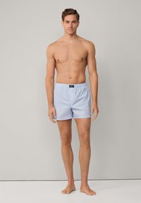 Ljusblå kalsonger med ett subtilt mönster, elastisk midja och en knappstängning, tillverkade av mjukt tyg för komfort.