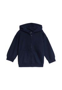 Mörkblå zip-up huvtröja med stor huva, långa ärmar och två framfickor. Tillverkad i mjukt bomullsblandat material med ribbade muddar.