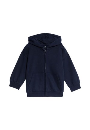 Un hoodie bleu marine zippé avec une grande capuche, des manches longues et deux poches frontales. Fabriqué en tissu en coton doux mélangé avec des poignets côtelés.