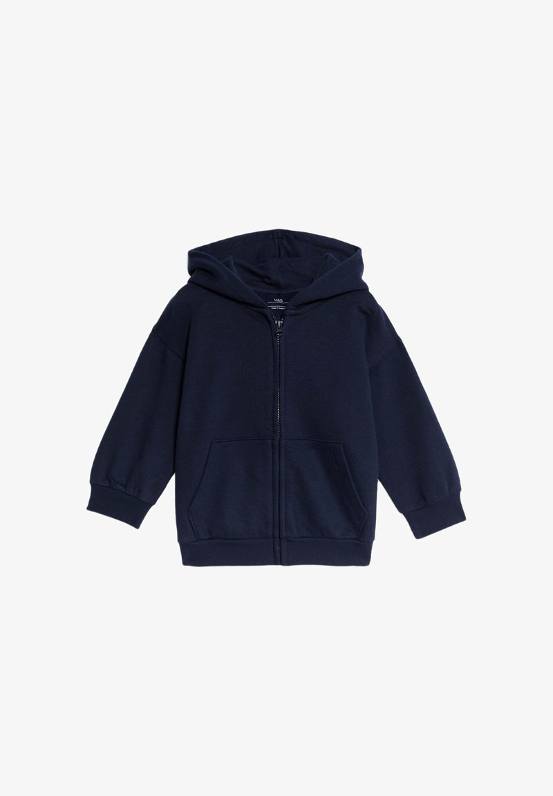 Felpa zip con cappuccio blu navy, con un ampio cappuccio, maniche lunghe e due tasche frontali. Realizzata in morbido tessuto misto cotone con polsini a coste.