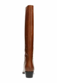 Bottes marron en cuir hautes jusqu'au genou avec un tige slim, surface légèrement texturée et un petit talon carré. Fini lisse et design épuré.