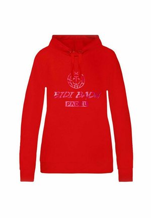 Red hoodie featuring a drawstring hood, long sleeves, and bold pink text that reads "BIDI BADU PADEL" with a circular logo design.