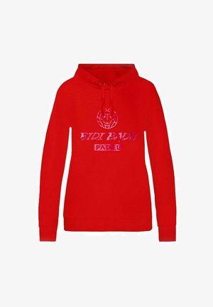 Hoodie rouge avec une capuche à cordon, des manches longues et un texte rose vif qui dit "BIDI BADU PADEL" avec un design de logo circulaire.
