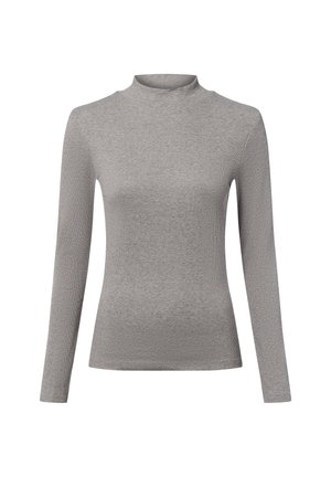 Szary, długi rękaw turtleneck wykonany z prążkowanej tkaniny. Posiada dopasowany krój i gładką fakturę. Prosty, bezszwowy design.