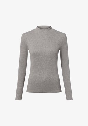 Szary, długi rękaw turtleneck wykonany z prążkowanej tkaniny. Posiada dopasowany krój i gładką fakturę. Prosty, bezszwowy design.