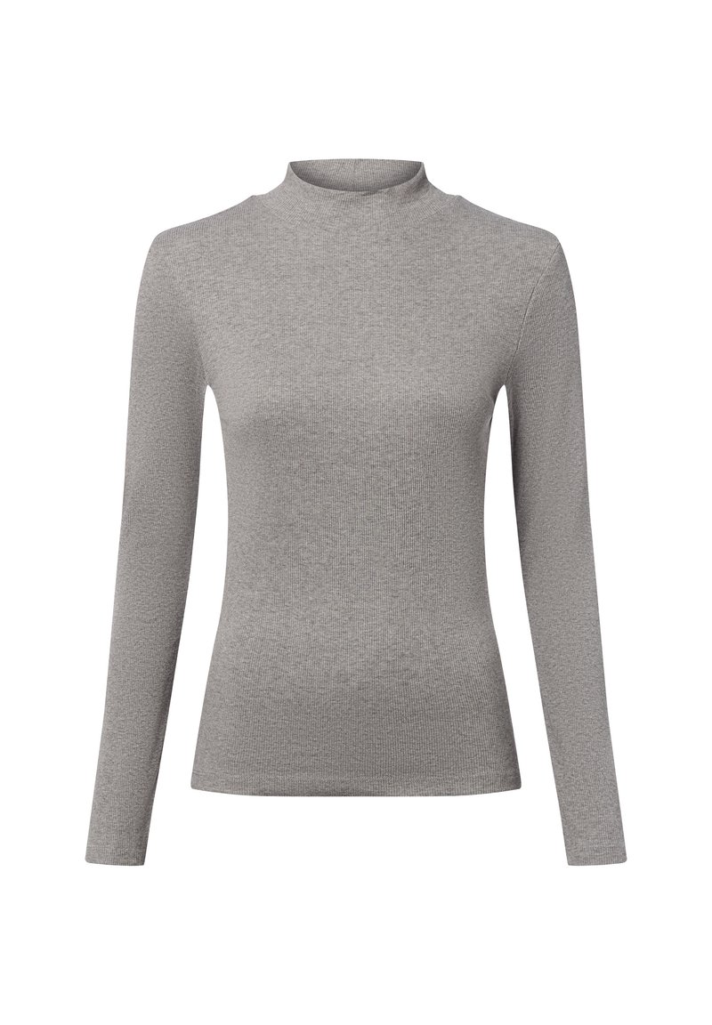 Szary, długi rękaw turtleneck wykonany z prążkowanej tkaniny. Posiada dopasowany krój i gładką fakturę. Prosty, bezszwowy design.