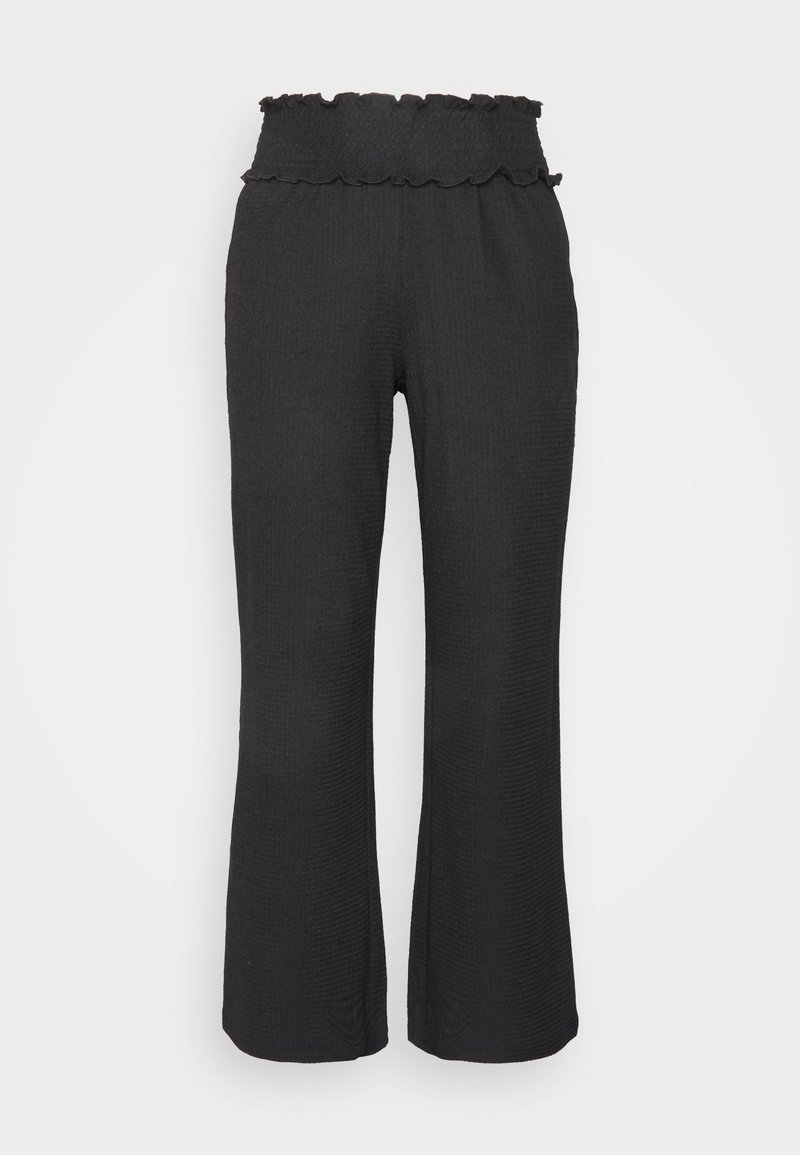 Pantalon noir texturé à jambes larges avec taille haute élastique à volants.