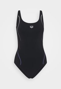 Black one-piece swimsuit with narrow straps, featuring colorful side accents in pink and purple. Logo prominently displayed on the chest.