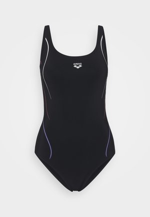 Bañador de una sola pieza negro con tirantes estrechos, que presenta acentos laterales coloridos en rosa y púrpura. Logotipo destacado en el pecho.