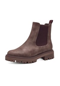 Stivaletti marroni alla caviglia realizzati in materiale sintetico testurizzato, con pannelli laterali elastici, una suola robusta e un pratico tirante sul retro.