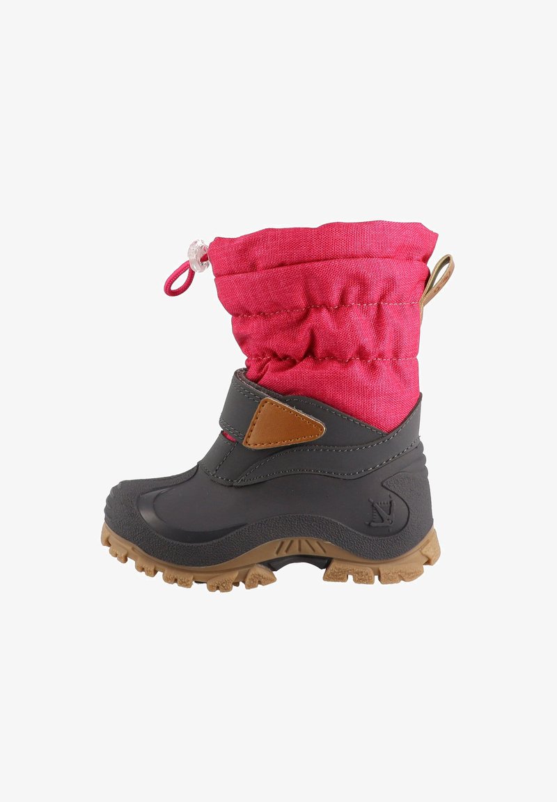 Botas para crianças com uma base cinza impermeável, cano de tecido rosa, puxador, um detalhe em bege e sola de borracha com padrão de tração.