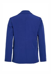 Veste blazer bleue à manches longues vue de dos, avec une couture centrale et un col classique sur un fond blanc uni.