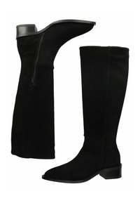 Czarne kozaki za kolano z miękkiego zamszu, z bocznym zamkiem błyskawicznym i niskim obcasem typu blok. Szpiczasty nosek o gładkiej fakturze.