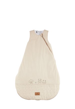 Light beige sleeping bag with a rounded bottom, featuring playful animal illustrations and a side zipper. Soft fabric with a textured finish.