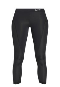 Czarne legginsy sportowe z teksturowanym panelem z siatki po bokach. Pas ozdobiony jest logo, a materiał wydaje się gładki i elastyczny.