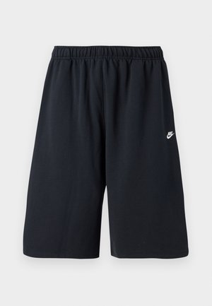 Juodos sportinės kelnės šortų tipo su elastinga juosmens juosta, lygiu audiniu ir mažu baltu Nike logotipu ant kairės kojos. Standartinio ilgio.