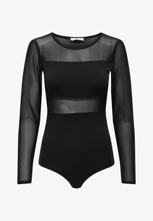 Body noir avec de longues manches transparentes, encolure ronde et corsage ajusté. Présente un matériau lisse avec un panneau semi-transparent sur la poitrine.