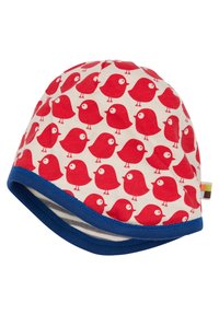 Cappello in cotone morbido con motivo a uccelli rossi. Presenta una base bianca con una visiera blu e un piccolo tag con strisce multicolori.