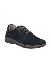 Scarpe in camoscio nero con lacci, cuciture grigie in contrasto, punta arrotondata, suola imbottita e finitura texturizzata.