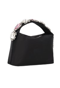 Geantă de mână din satin negru cu formă structurată, decorată cu perle și pietre prețioase roz de-a lungul marginii superioare, accesorii din metal argintiu.