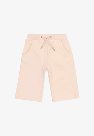 Pantaloncini rosa chiaro fino al ginocchio con vita elastica, coulisse e tasche laterali, mostrati su sfondo bianco.