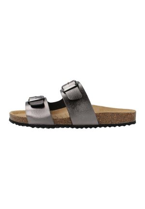 Sandalias metálicas grises con dos correas ajustables, plantilla de corcho y suela de goma texturizada. La suela exterior presenta un patrón de olas para mayor agarre.
