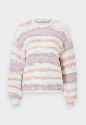 Sweater featuring soft knit material, striped pattern in pastel pink, purple, and beige, with a round neckline and ribbed cuffs.