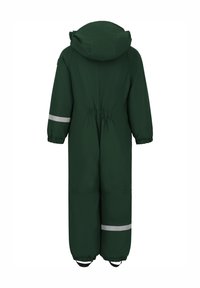 Groene geïsoleerde overall met een capuchon, elastische taille, lange mouwen met reflecterende strepen en gesloten voeten voor extra warmte.