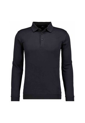 Schwarzes Langarm-Poloshirt mit drei Knöpfen und klassischem Kragen, auf weißem Hintergrund dargestellt.