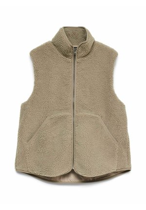Beige ærmeløs fleecevest med lynlås, høj krave og to forlommer, lavet af blødt, struktureret sherpa-stof.