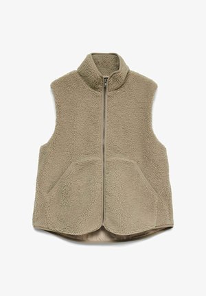 Beige ærmeløs fleecevest med lynlås, høj krave og to forlommer, lavet af blødt, struktureret sherpa-stof.