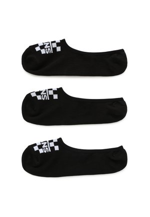 Calcetines negros de corte bajo, hechos de una tela suave. Cada uno presenta un patrón de cuadros blancos y el logo "SN" en el tobillo. Se muestran tres pares.