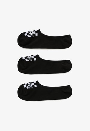 Calcetines negros de corte bajo, hechos de una tela suave. Cada uno presenta un patrón de cuadros blancos y el logo "SN" en el tobillo. Se muestran tres pares.