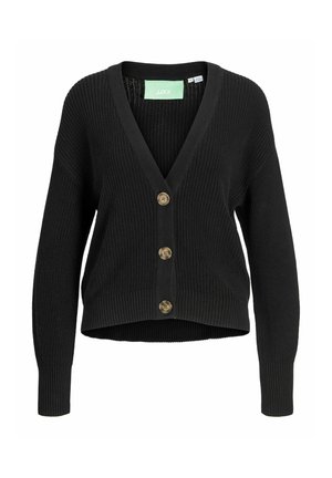 Cardigan nero cropped realizzato in tessuto a costine, con scollatura a V, maniche lunghe e cinque bottoni dorati lungo la parte anteriore.