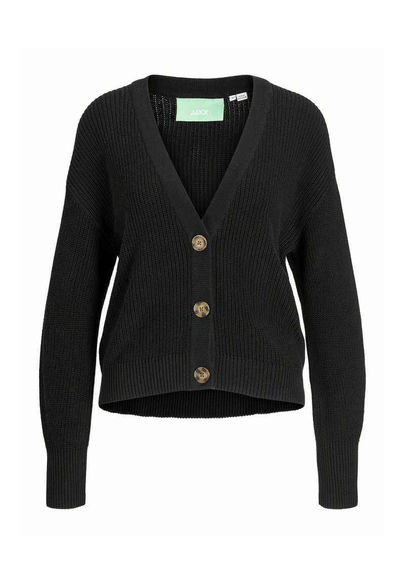 Mustard värvi lühike kardigan, mis on valmistatud ribakudumist, V-kaelusega, pikkade varrukatega ja viie kuldse nööbiga ees.