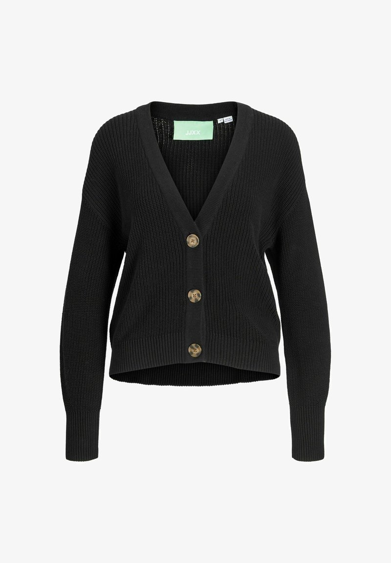 Mustard värvi lühike kardigan, mis on valmistatud ribakudumist, V-kaelusega, pikkade varrukatega ja viie kuldse nööbiga ees.