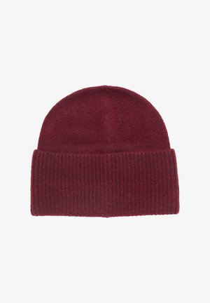 Burgundy knit beanie hat with a ribbed cuff, made of soft fabric, featuring a textured pattern and a rounded top.