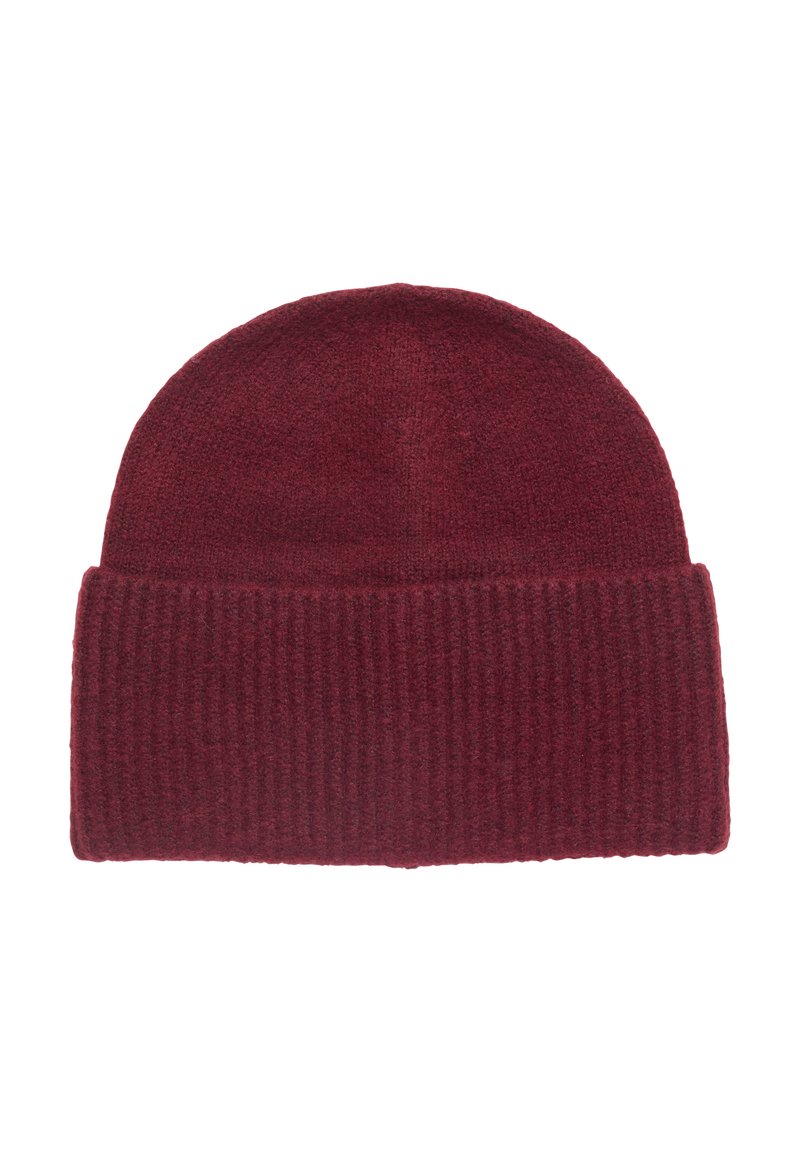 Burgundy knit beanie hat with a ribbed cuff, made of soft fabric, featuring a textured pattern and a rounded top.