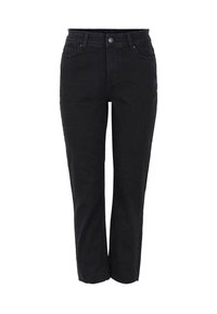 Jeans negros de pierna recta con cinco bolsillos, cierre de botón y cremallera, y dobladillo ligeramente deshilachado sobre fondo blanco.