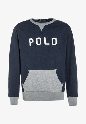 Felpa blu navy con dettagli grigi, con la scritta "POLO" sul davanti e una tasca frontale. Realizzata in tessuto morbido e testurizzato.