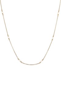 Collier en chaîne dorée agrémenté de petites perles blanches espacées均沿 la longueur. Délicat, avec des textures lisses et des maillons fins.