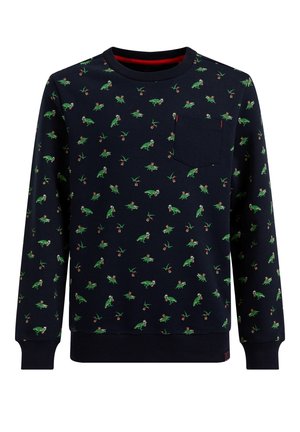 Marineblå sweatshirt med grøn dinosaur- og kirsebærprint, rund halsudskæring, ribstrikkede manchetter og en brystlomme, lavet af blødt bomuldsblandingsstof.