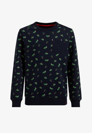 Felpa blu navy con stampa di dinosauro verde e ciliegie, scollo tondo, polsini a costine e taschino sul petto, realizzata in morbido tessuto misto cotone.