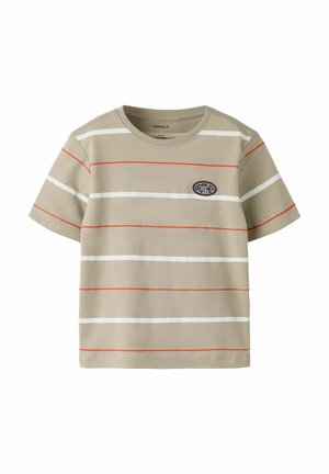 Beige short-sleeve toddler T-shirt with white and orange horizontal stripes and a "BROTHER" patch on the chest.