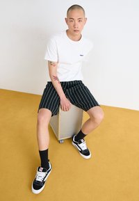 White T-shirt with blue "OBEY" logo, black pinstriped shorts, black socks, and black and white sneakers, seated on a silver wheeled object.