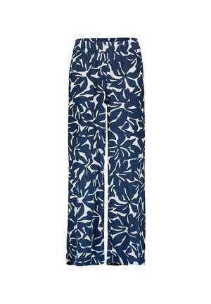 Pantalon large bleu marine et blanc avec des motifs abstraits de feuilles et une taille élastique.